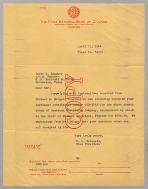 [Letter from R. L. Grinnell to Issac H. Kempner, April 10, 1944]