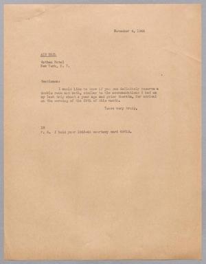 [Letter from I. H. Kempner to the Gotham Hotel, November 4, 1944]