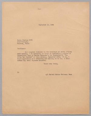 Primary view of object titled '[Letter from I. H. Kempner to Radio Station KXYZ, September 19, 1944]'.