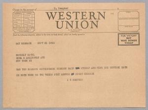 [Telegram from Isaac H. Kempner to Beverly Hotel, September 21, 1945]