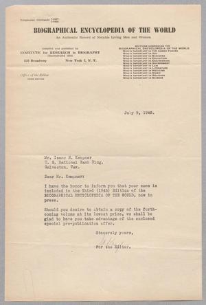 [Letter from the Institute for Research in Biography to I. H. Kempner, July 9, 1948]