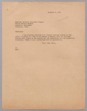 [Letter from Isaac Herbert Kempner to American National Insurance Company, December 4, 1945]