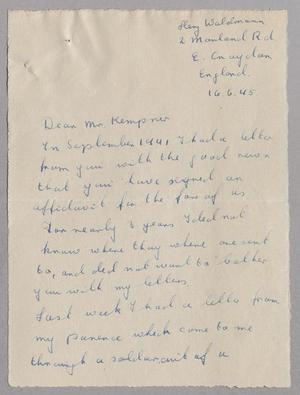 [Letter from Friz Waldmann to I. H. Kempner, June 16, 1945]