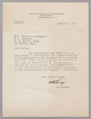 [Letter from W. R. King to Henrietta Leonora Kempner, April 6, 1948]