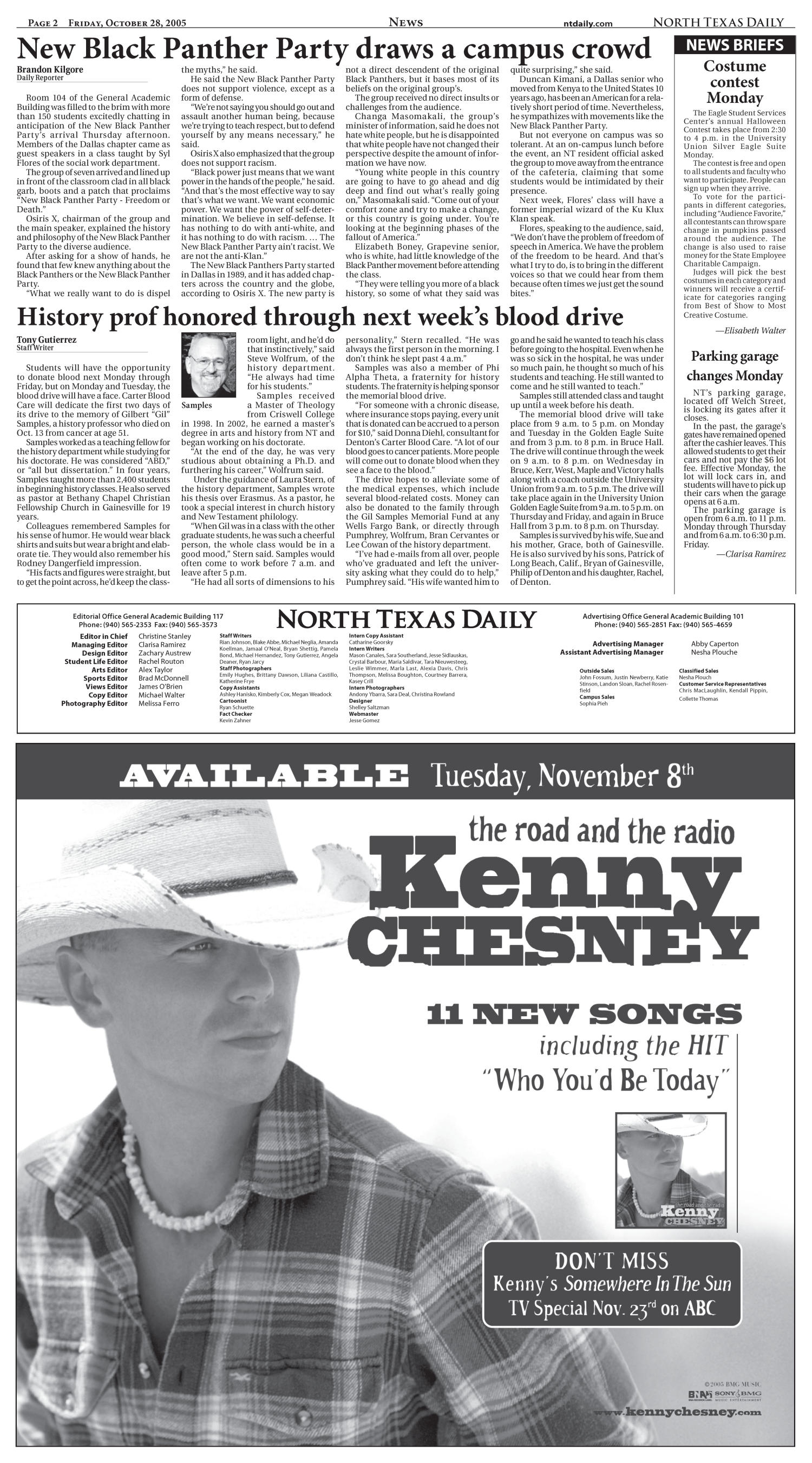 North Texas Daily (Denton, Tex.), Vol. 90, No. 36, Ed. 1 Friday, October 28, 2005
                                                
                                                    [Sequence #]: 2 of 12
                                                