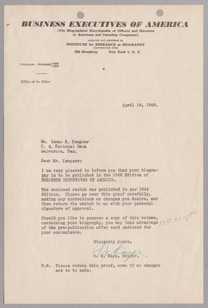 [Letter from S. A. Kaye to Issac H. Kempner, April 19, 1948]