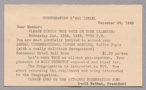 [Card from Congregation B'nai Israel to Isaac H. Kempner, December 29, 1948]