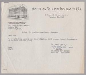 [Letter from American National Insurance Company to I. H. Kempner, December 8, 1948]