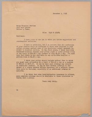 [Letter from I. H. Kempner to Group Hospital Service, December 3, 1948]