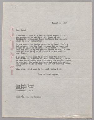Primary view of object titled '[Letter from Harris Leon Kempner to Mrs. David F. Weston, August 8, 1949]'.