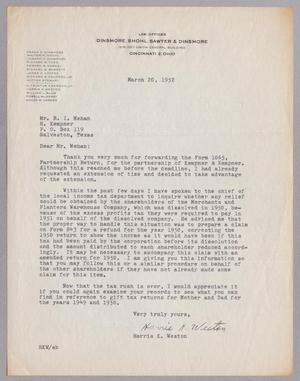 [Letter from Harris K. Weston to R. I. Mehan, March 20, 1952]