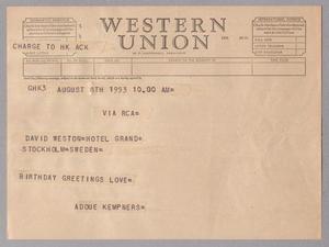 [Telegram from Louis A. and Fannie Adoue to David F. Weston, August 8, 1953]