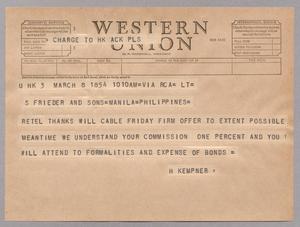 [Telegram from H. Kempner to S. Frieder and Sons, March 8, 1954]