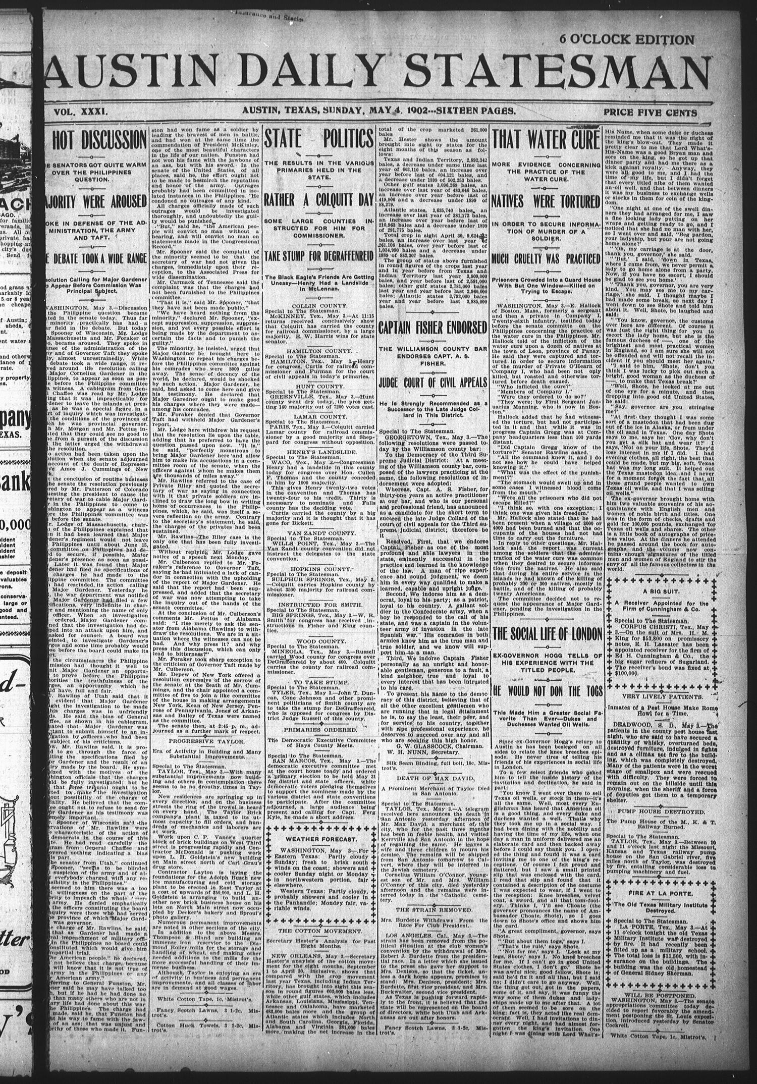 Austin Daily Statesman (Austin, Tex.), Vol. 31, Ed. 1 Sunday, May 4, 1902
                                                
                                                    [Sequence #]: 1 of 16
                                                