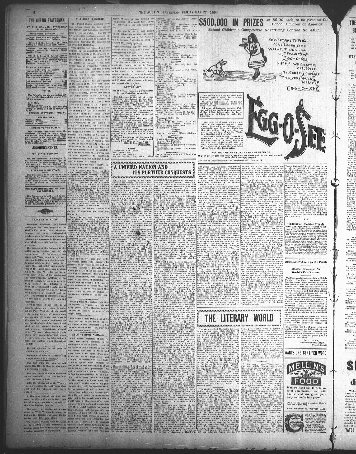 The Austin Statesman. (Austin, Tex.), Vol. 33, Ed. 1 Friday, May 27, 1904
                                                
                                                    [Sequence #]: 4 of 8
                                                
