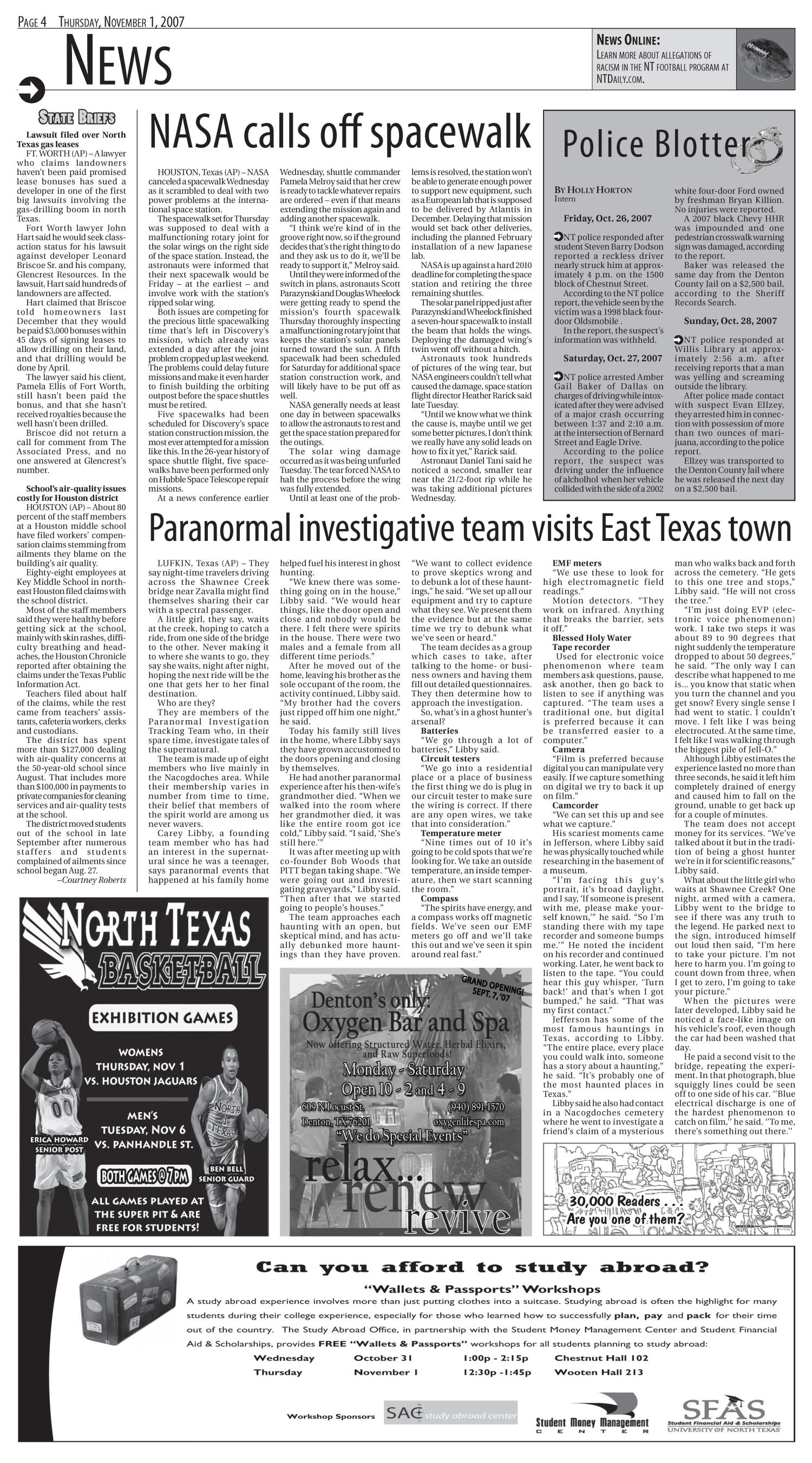 North Texas Daily (Denton, Tex.), Vol. 91, No. 35, Ed. 1 Thursday, November 1, 2007
                                                
                                                    [Sequence #]: 4 of 12
                                                