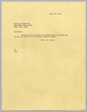[Letter from I. H. Kempner to the Knife and Fork Club, April 14, 1952]