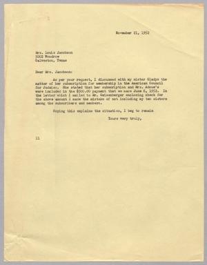 [Letter from I. H. Kempner to Mrs. Louis Jacobson, November 21, 1952]