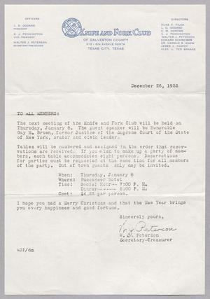 [Letter from Knife and Fork Club of Galveston County, December 26, 1952]