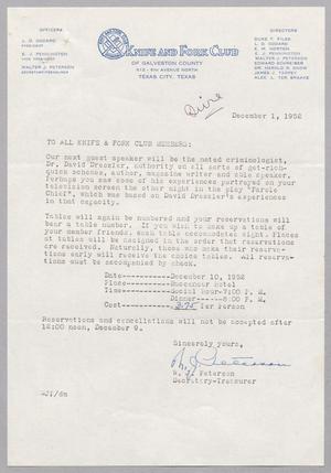 [Letter from Knife and Fork Club of Galveston County, December 1, 1952]