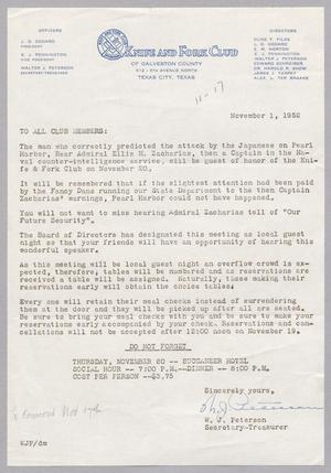 [Letter from Knife and Fork Club of Galveston County, November 1, 1952]
