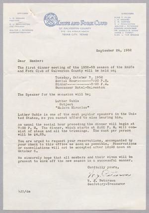 [Letter from Knife and Fork Club of Galveston County, September 24, 1952]