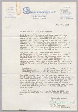[Letter from Knife and Fork Club of Galveston County, June 25, 1952]