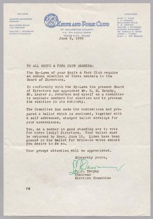 [Letter from Knife and Fork Club of Galveston Country, June 2, 1952]