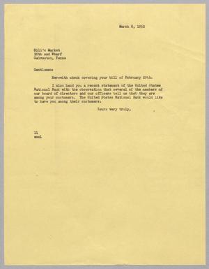 [Letter from I. H. Kempner to Hill's Market, March 8, 1952]