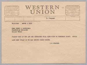 [Telegram from I. H. Kempner to Henry J. Hutchings, March 3, 1952]