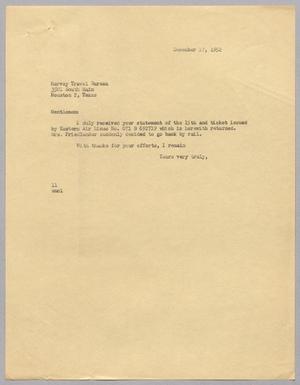 [Letter from I. H. Kempner to Harvey Travel Bureau, December 17, 1952]
