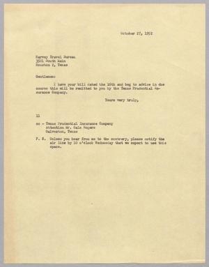 [Letter from I. H. Kempner to Harvey Travel Bureau, October 27, 1952]