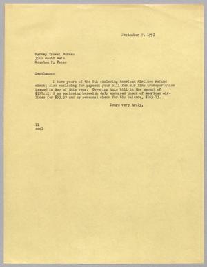 [Letter from I. H. Kempner to Harvey Travel Bureau, September 9, 1952]