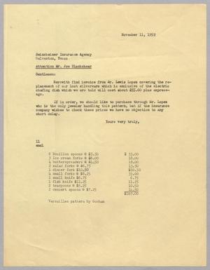[Letter from I. H. Kempner to Seinsheimer Insurance Agency, November 11, 1952]