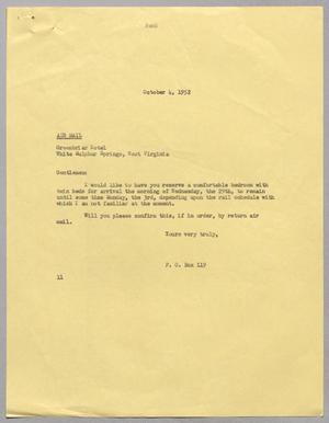 Primary view of object titled '[Letter from I. H. Kempner to Greenbriar Hotel, October 4, 1952]'.