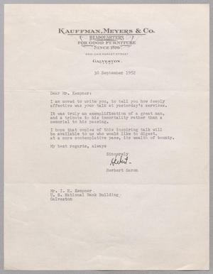 [Letter from Herbert Garon to I. H. Kempner, September 30, 1952]