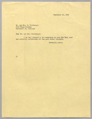 [Letter from I. H. Kempner to Mr. and Mrs. R. Goldberger, September 22, 1952]