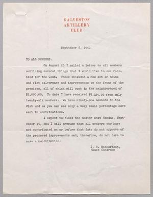[Letter from Galveston Artillery Club, September 8, 1952]