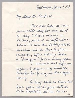 [Letter from Hugo Goldberger to I. H. Kempner, June 9, 1952]