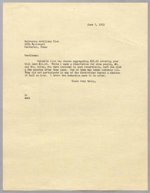 [Letter from I. H. Kempner to Galveston Artillery Club, June 7, 1952]