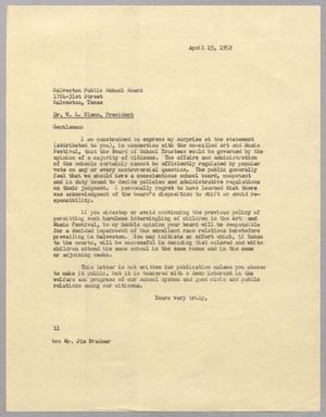 [Letter from I. H. Kempner to the Galveston Public School Board, April 23, 1952]