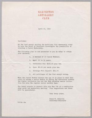 [Letter from Galveston Artillery Club, April 21, 1952]
