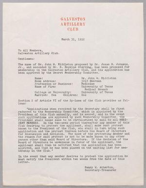 [Letter from Galveston Artillery Club, March 31, 1952]