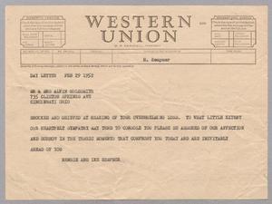 [Telegram from Hennie and Ike Kempner to Mr. and Mrs. Alvin Goldsmith, February 29, 1952]