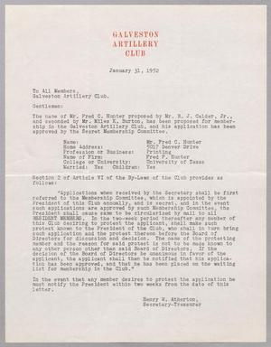 [Letter from Galveston Artillery Club, January 31, 1952]