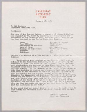 [Letter from Galveston Artillery Club, January 28, 1952]