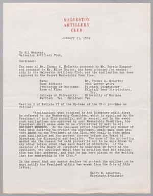 [Letter from Galveston Artillery Club, January 23, 1952]