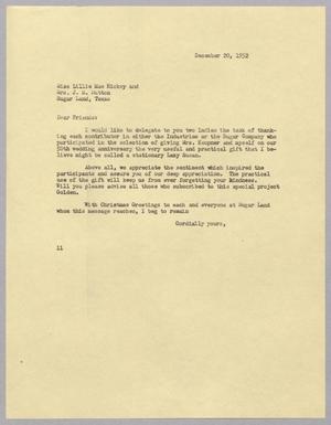 [Letter from I. H. Kempner to Lillie Mae Hickey and Mrs. J. M. Sutton, December 20, 1952]