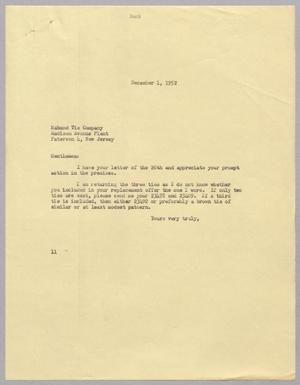Primary view of object titled '[Letter from I. H. Kempner to Haband Tie Company, December 1, 1952]'.