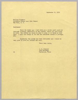 [Letter from I. H. Kempner to Holland Cleaners, September 17, 1952]